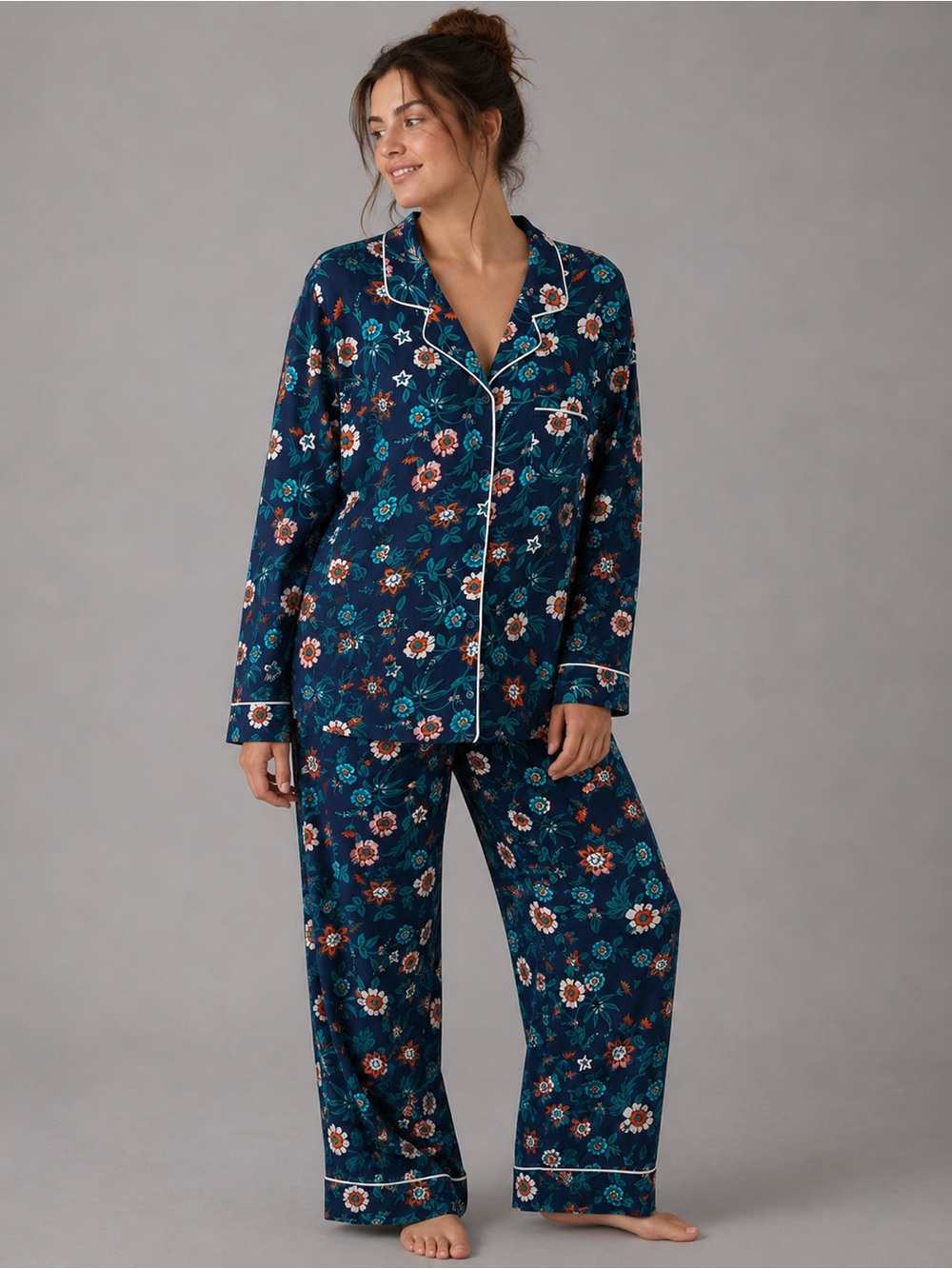 NWT Liz Claiborne Pajama Set XL Navy Floral Button Front Modal Cotton